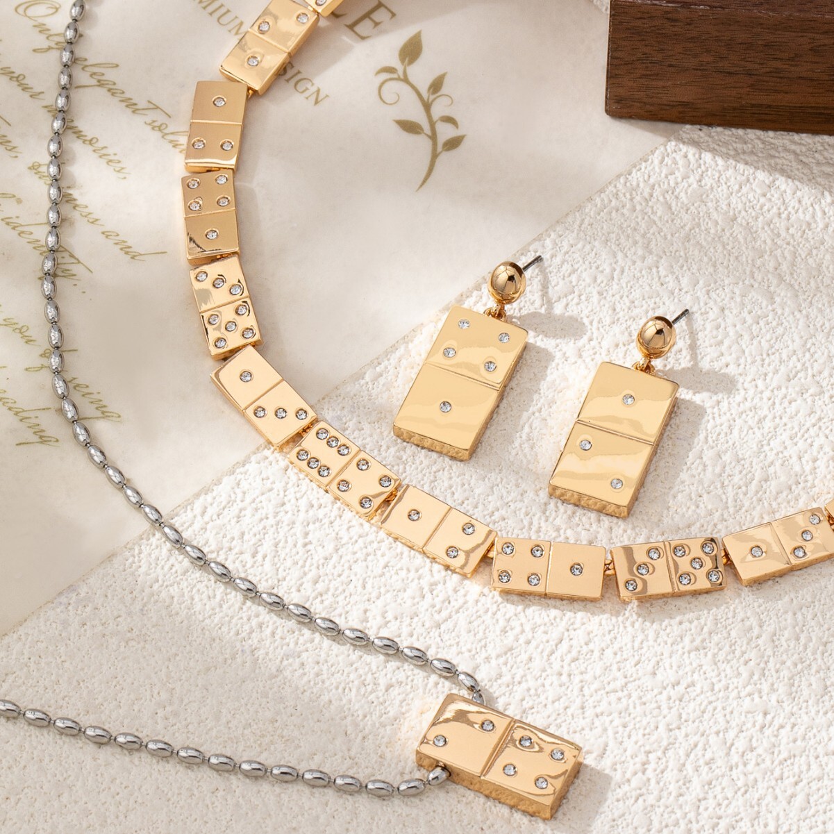 Exquisite French Fashion Style Hot-Selling Mahjong Block Inlaid Zircon Jewelry Set Versatile Trendy Necklace For Women