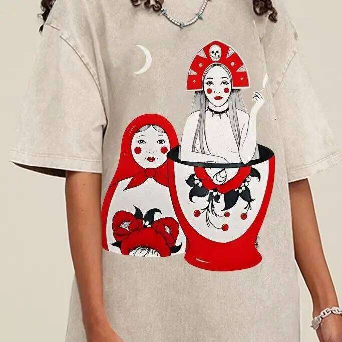 Russian Doll Pattern, Style, Y2k Graphic Tee, Women's Oversized T-Shirt, Cute Hand-Painted Bunny, Korean Style Art, Summer X260209