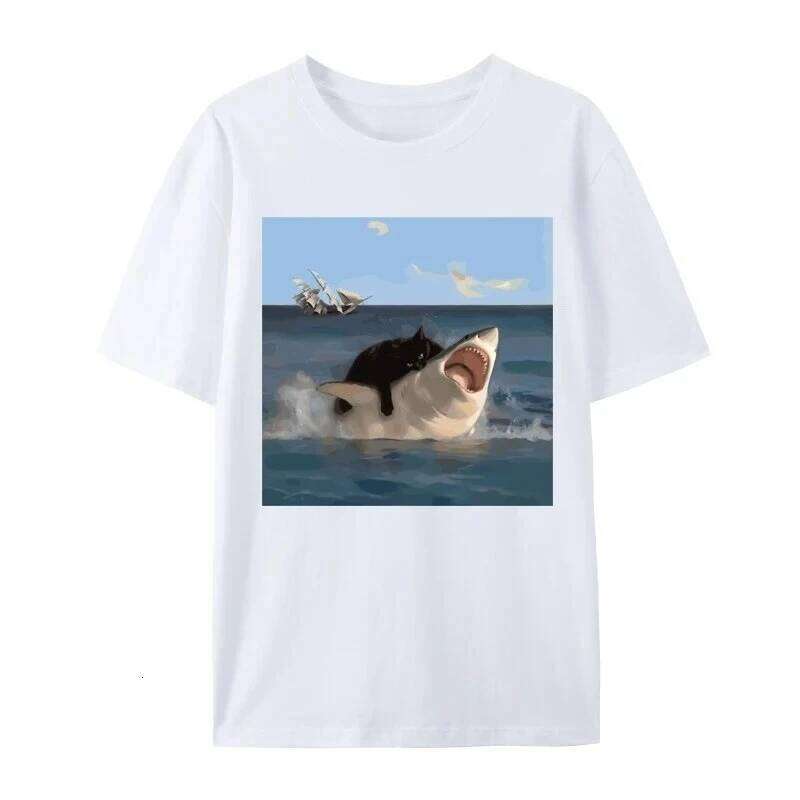 Bites Art Lovers Fun Cat and Shark Print Shirts Plain Tops Hip Hop T-shirts Women Clothing Fashion X260209