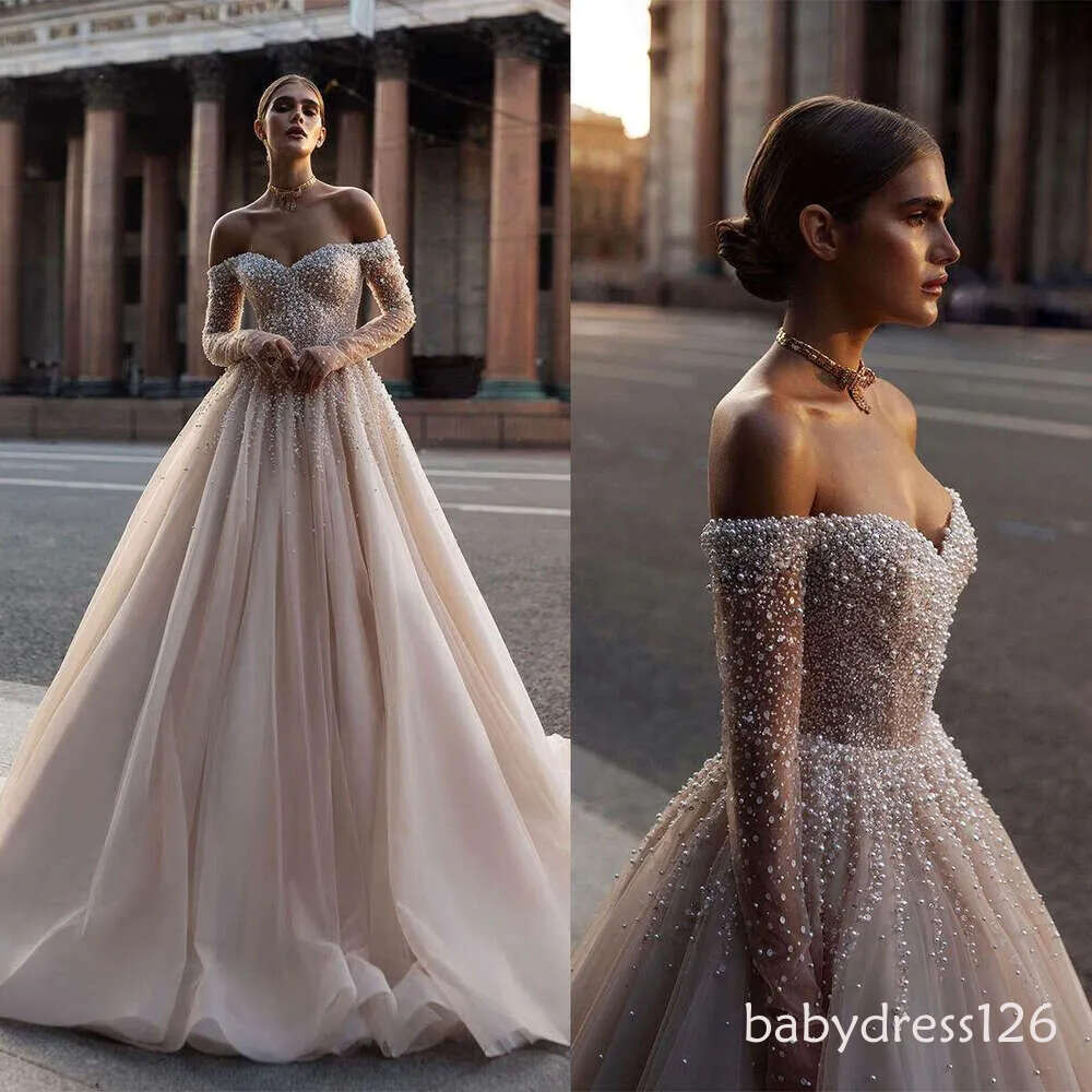 Vintage Long Sleeve Wedding Gowns Off Shoulder Pearls Bridal Dress Sequins Custom Made Beaded Sweep Train Vestido De Novia BC19526 9P25
