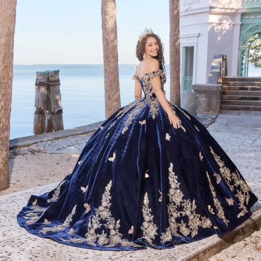 New Navy Blue Quinceanera Dresses Ball Gowns Appliques Velvet Birthday Party Evening Dress Vestido De 15 Anos N2610