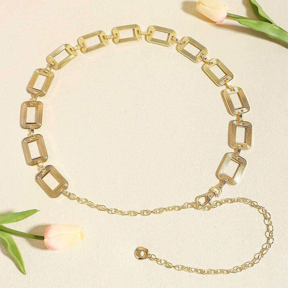 Sexy ladies high-grade personalized waist metal hollow simple texture square buckle chain with dress accessories X260209