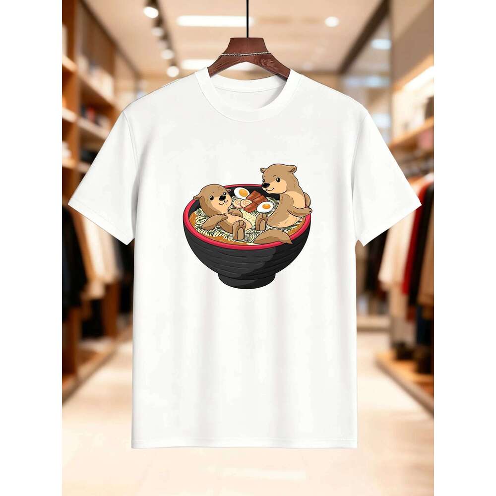 New Arrival Fashion Men's Graphic Print T-Shirt Adorable Eating Noodles Design 100% Cotton Breathable Casual Versatile Ult X260209