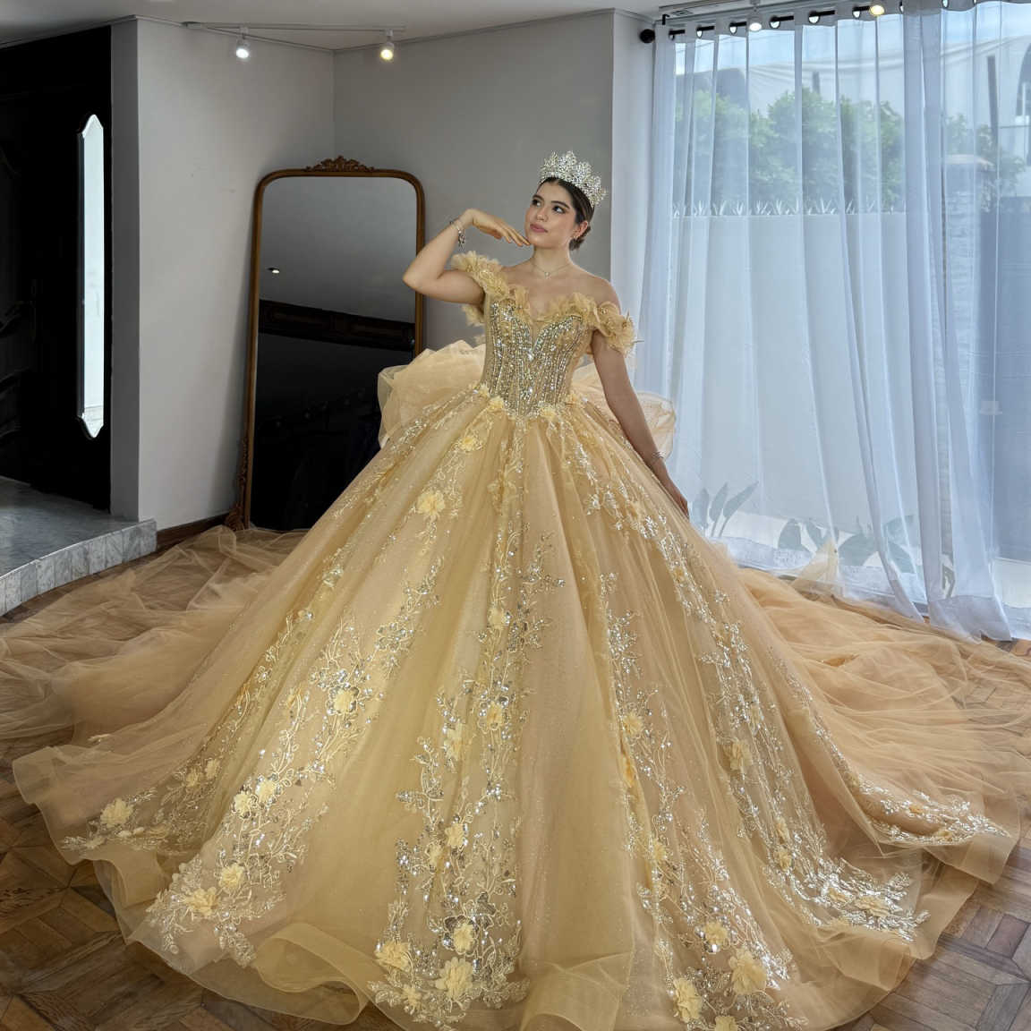 Yellow Quinceanera Dresses Ball Gown Off The Shoulder Applique Flower Beads Tull Corset Party Birthday Sweet 16 Dress Vestidos