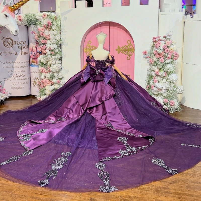 Purple Quinceanera Dresses Ball Gown Off The Shoulder Sequin Applique Lace Beading Crystal Bow Corset Sweet 16 Dress Vestidos 15 Anos