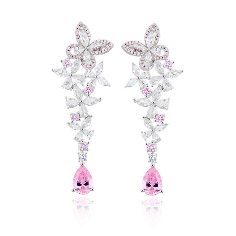 Earrings Delicate Butterfly Earrings, Gold-Plated, Pear-Shaped Pink Diamond Earrings, Exquisitely Crafted, Luxurious Elegant, Long Earrings