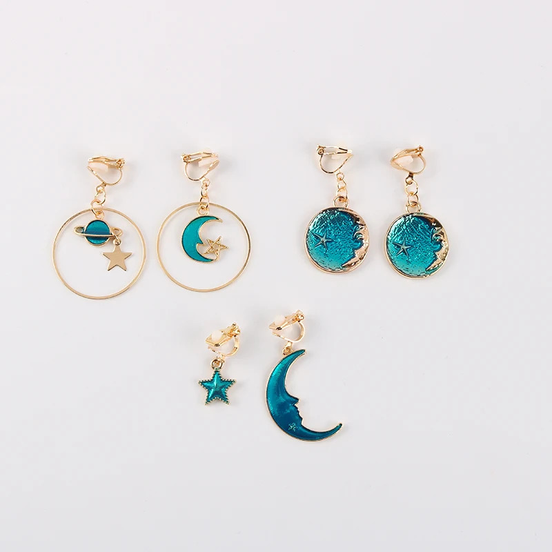 Korea Style Asymmetrical Fresh Enamel Blue Star Moon Planet Circle Clip on Earrings Non Pierced For Girl Women Party Gift 260120