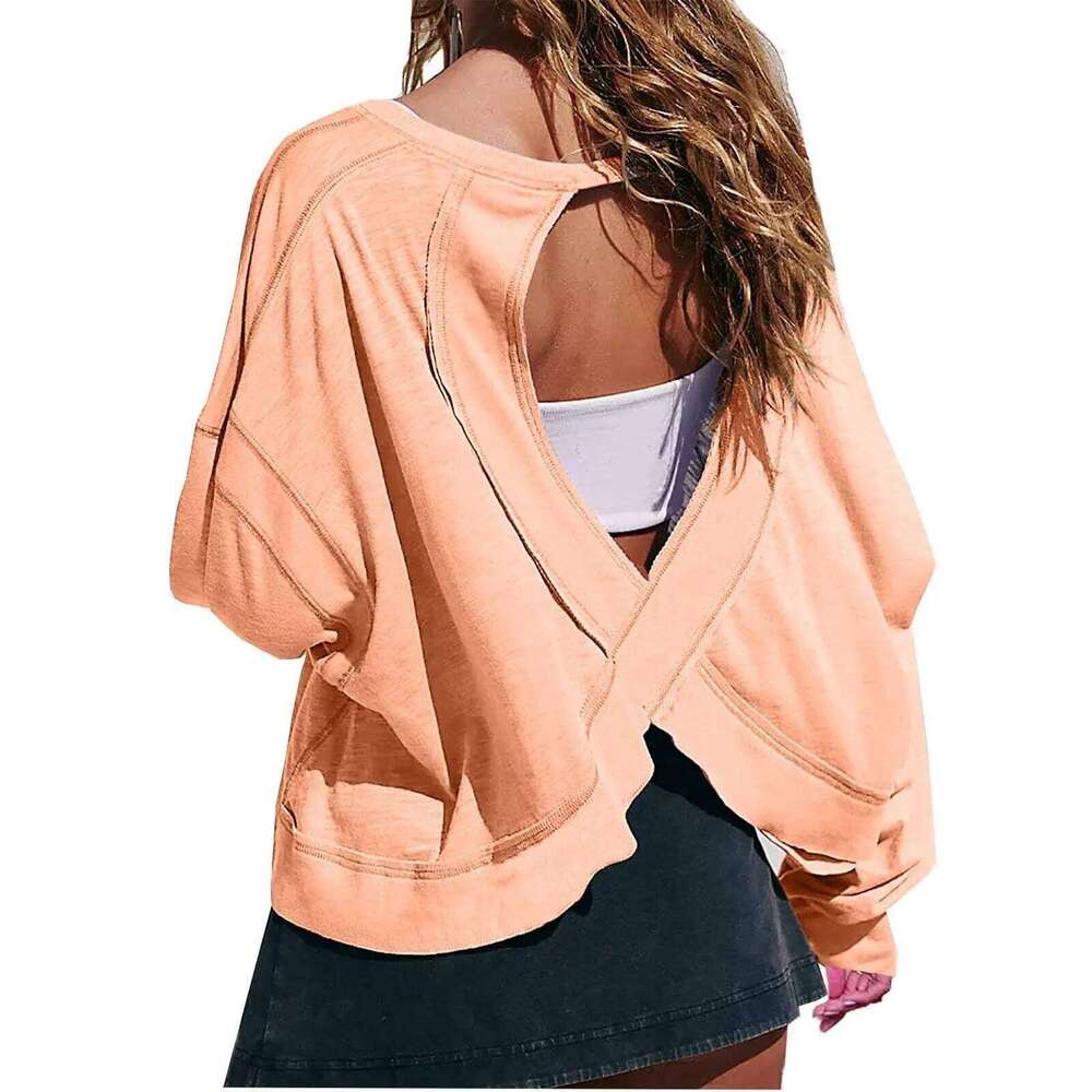 Loose Long-sleeved T-shirt Blouse Age-reducing Hollow Short Round Neck Women's Sports 26Y0209