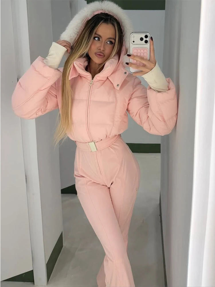 Pink Fur Collar Hooded Long Jumpsuit Women Casual Full Sleeves Stand Warm Slim Snowsuit 2026 Lady Chic Snowboard Outwear 260126