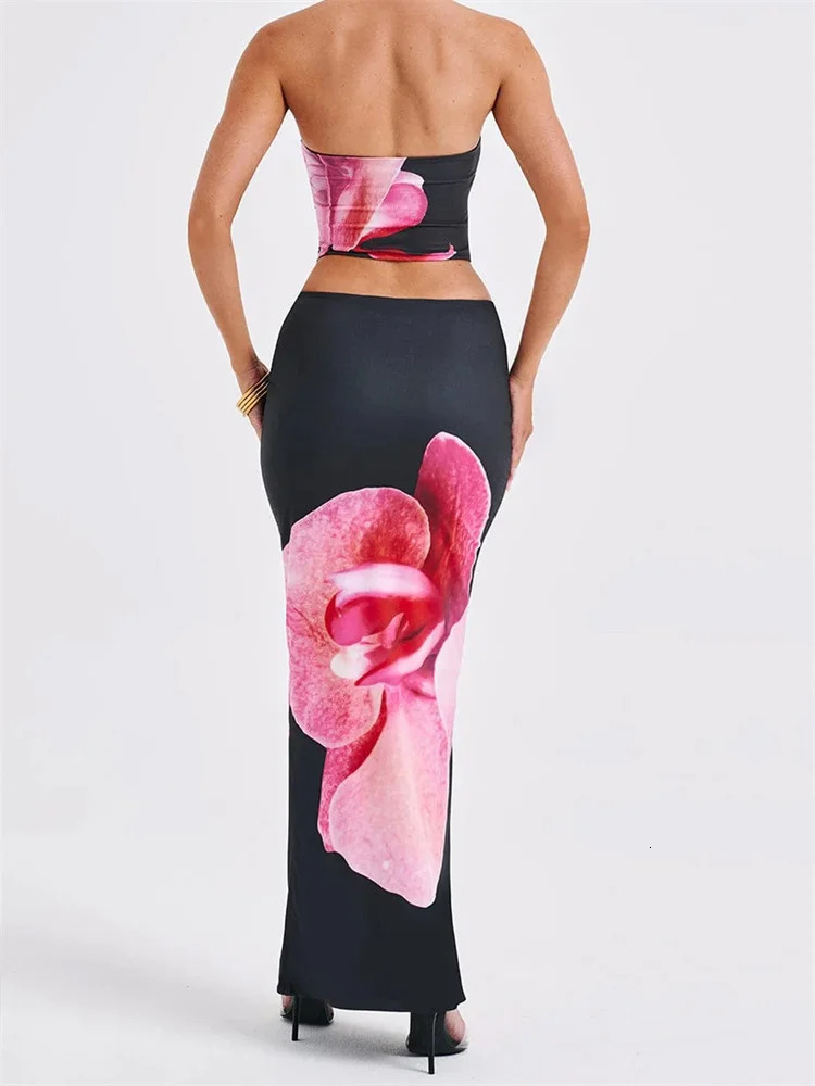 CHRONSTYLE Sexy Women 2 Pieces Outfits Floral Print Tube Tops and Elastic Waist Bodycon Long Skirts Sets Summer Streetwear 260208