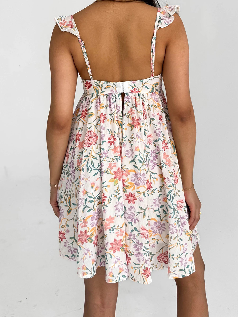 Women V-Neck Maxi Dress Sleeveless Ruffle Floral Print Boho Beach Dress Summer Casual Long Dress with Pockets 260118
