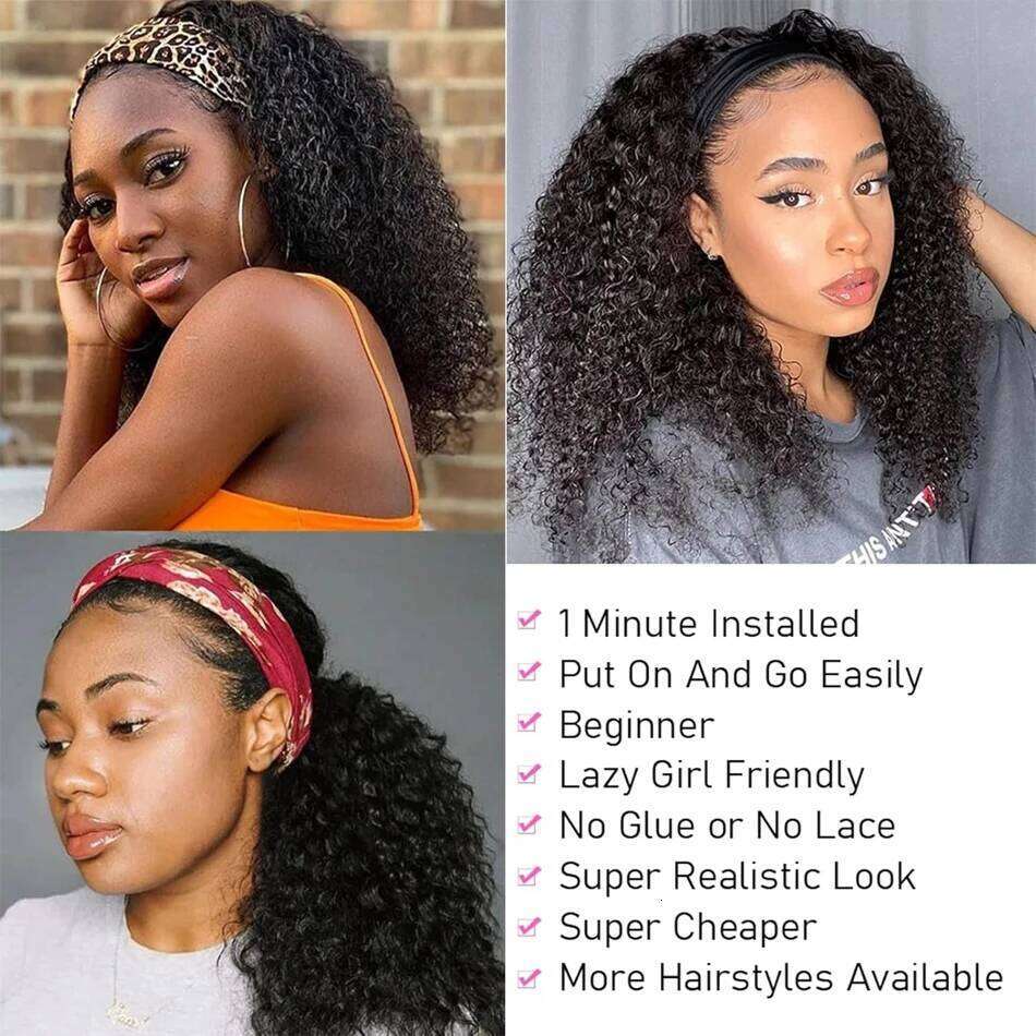 Kinky Headband Wig Human Curly Bob For Women 100% Real Bobo Full Machine Made Wigs Natural Black Hair VMS
