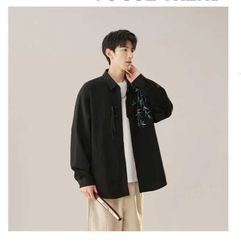 Chinese Style Green Bamboo Embroidered Long-sleeved Shirt for Boys New Chinese Style Autumn New Retro Button Splicing Cardigan C260209