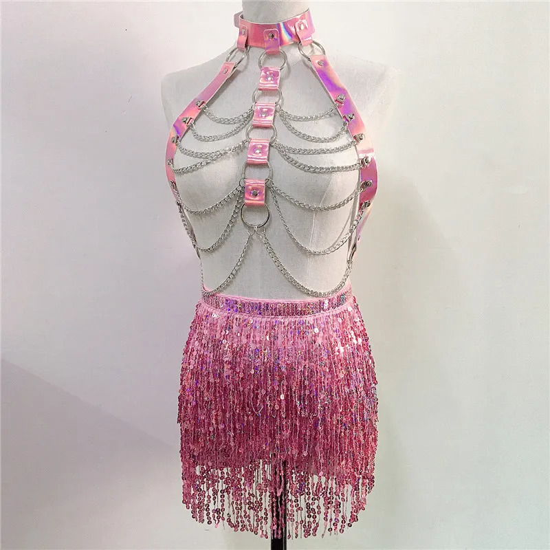 Women PU Leather Harness 2 Piece Set Sexy Hollow Out Metal Chest Chain With Tassel Sequins Mini Skirt Gothic Party Club Outfits 250203