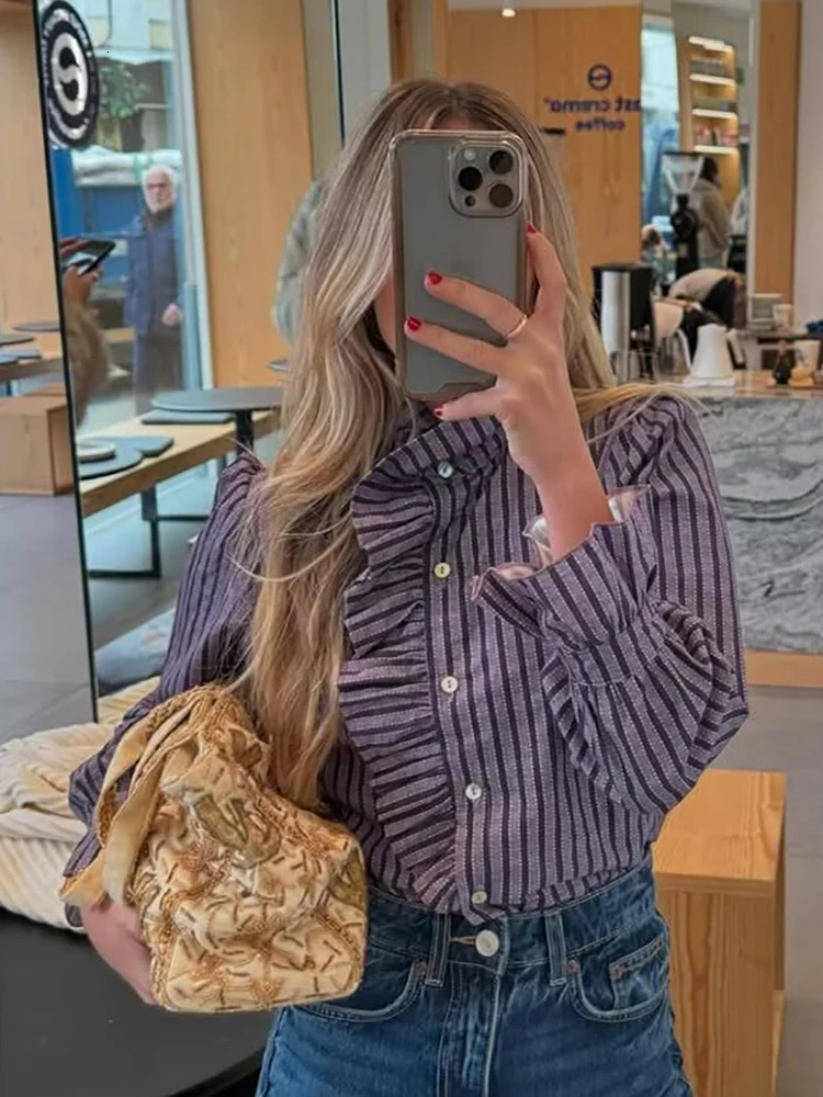 Sweet Women Ruffles Plaid Purple Shirts 2025 Fashion Ladies Casual Stand Collar Blouses for Party Female Elegant Tops Clothes 260122