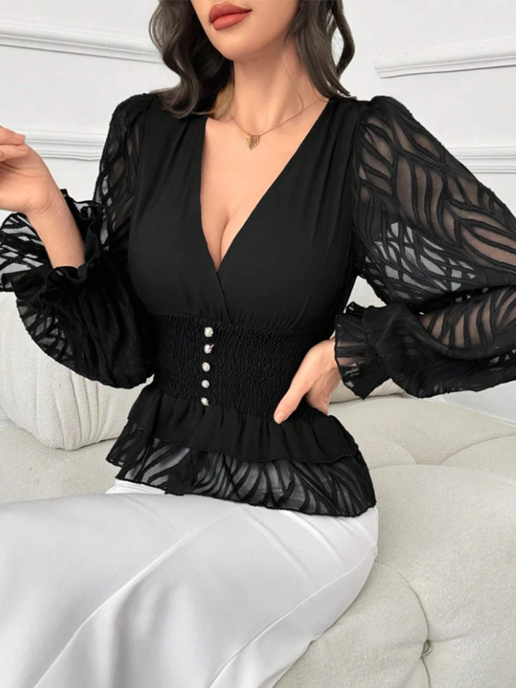 Womens Elegant and Fashionable V Neck Lantern Sleeve Waist Shirt 250203