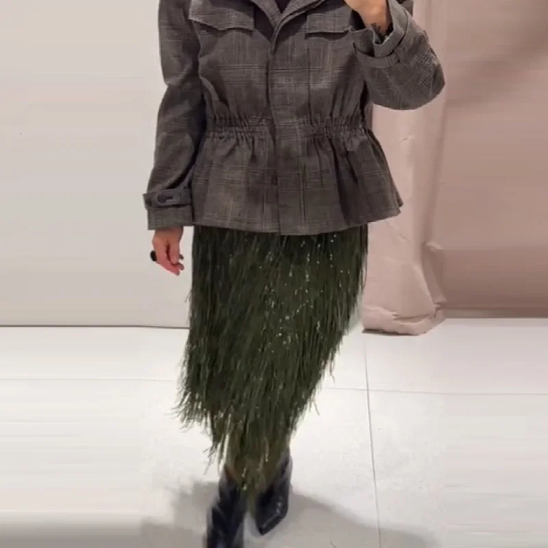 Women Chic Shiny Green Tassel Skirt High Waist Slim Fit Long Straight Tube Dress 2026 Outfits Commuting Club Party Clothing 260122