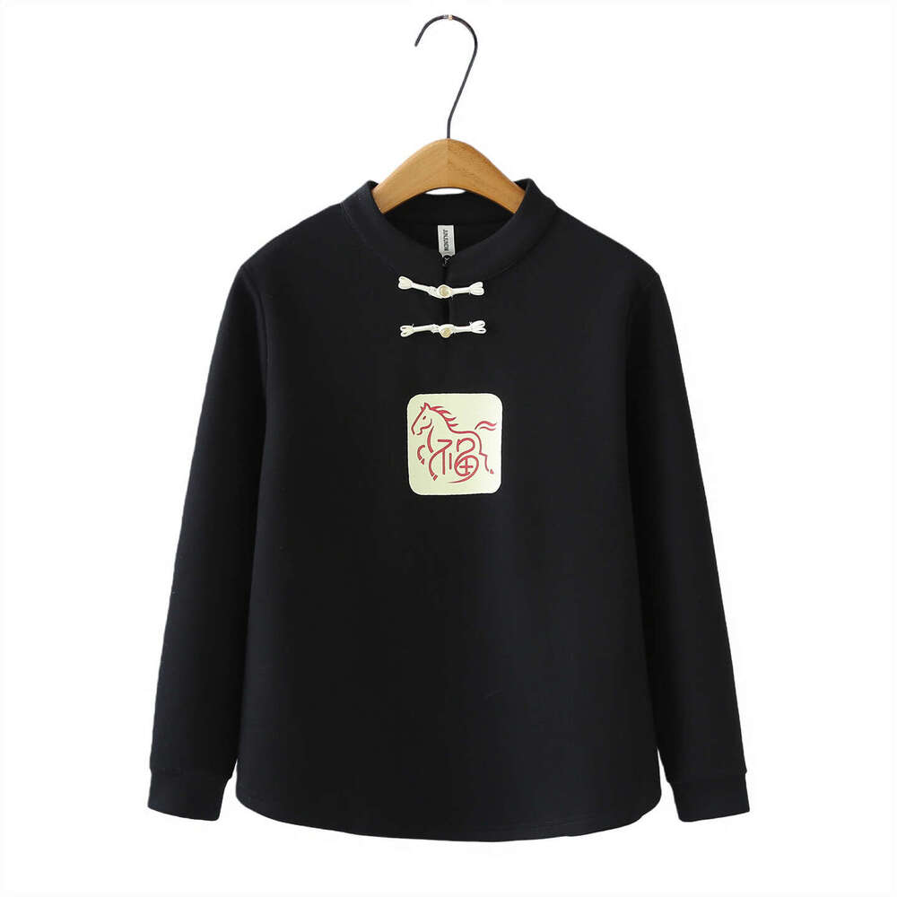 Plus Size Fleece Sweatshirt Women 100Kg Regular Shoulder Autumn Winter New For Chubby Sisters National Style Button-Up Stand Collar Base Shirt