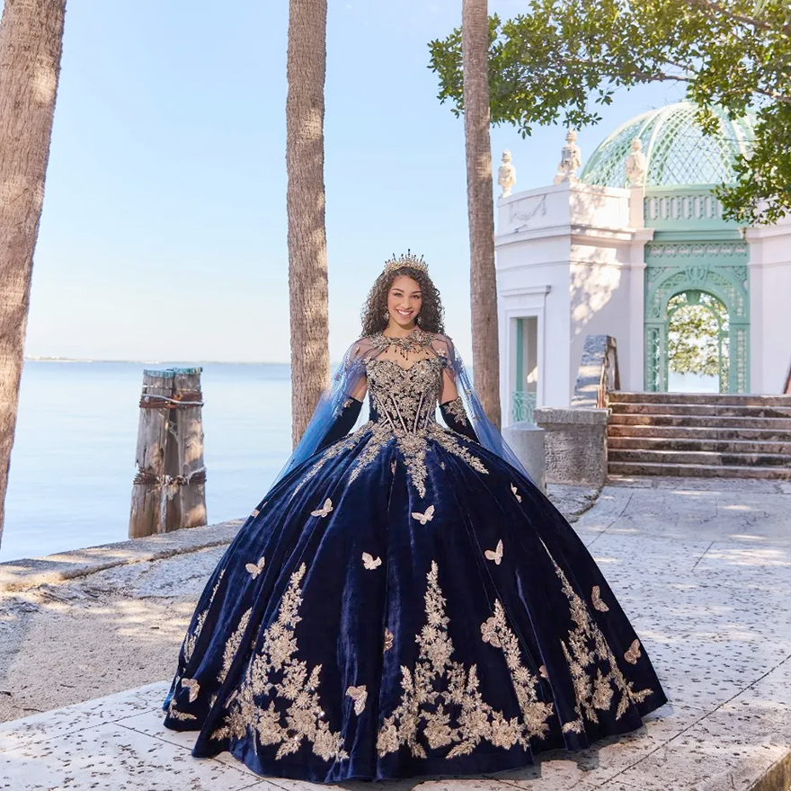 New Navy Blue Quinceanera Dresses Ball Gowns Appliques Velvet Birthday Party Evening Dress Vestido De 15 Anos N2610