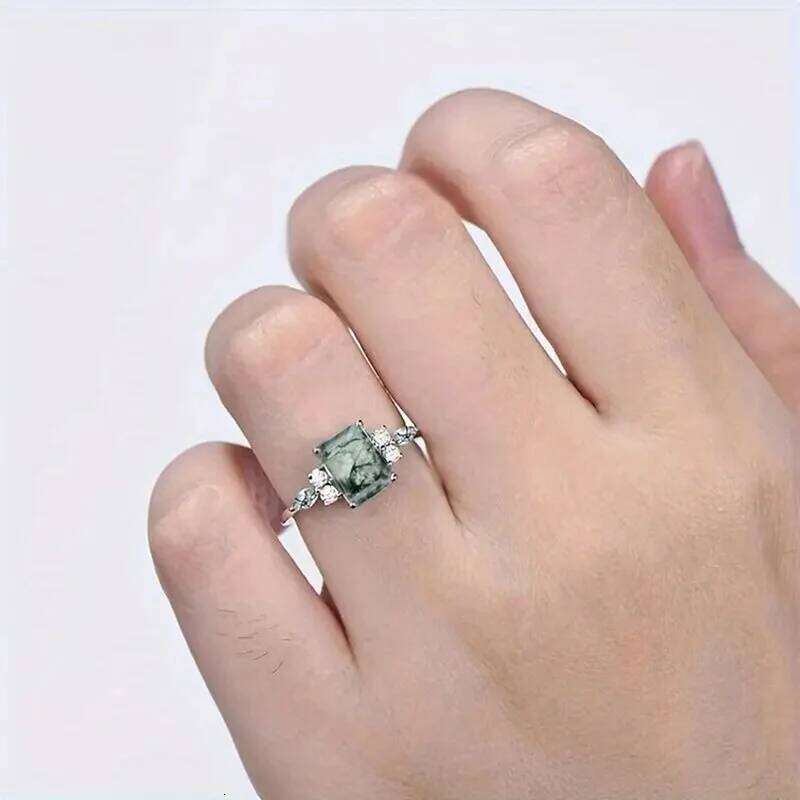 Ring Chinese Light Luxury Geometric Square Design with Jade Marble Inlay for Cheongsam Elegant Styling Wedding Cultural Jewellery High Quality Texture