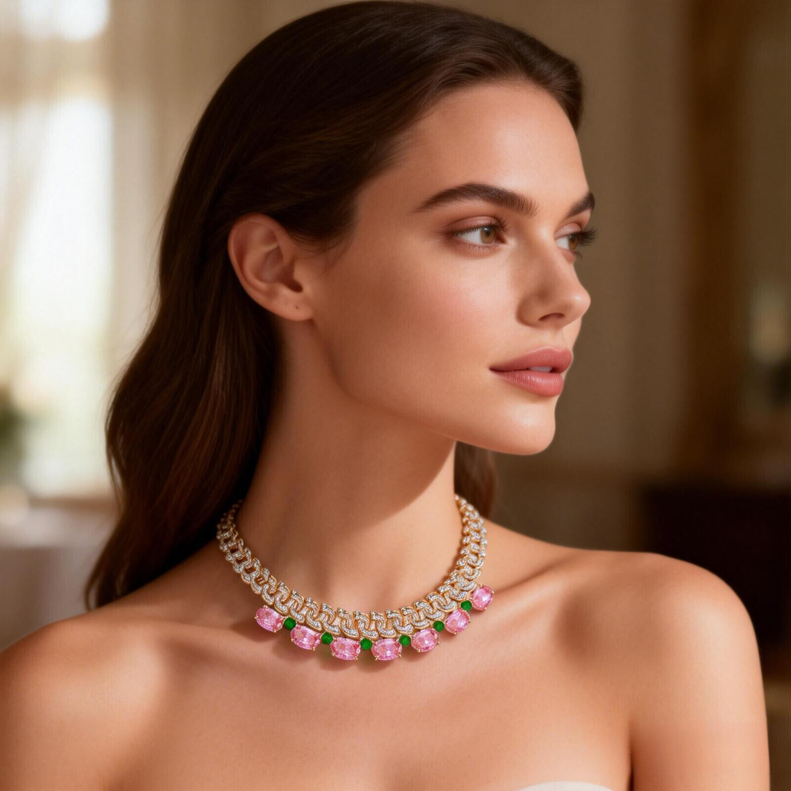 Necklace Pink Diamond Interwoven Evening Chain, Gold-Plated Necklace, Heavy-Duty Jewelry-Like Necklace High-End Women's Banquet Dress Chain Neckl