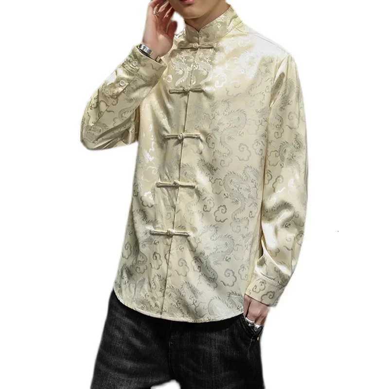 Buckle Elegant Tang Jackets Silver Mandarin Collar Blouse Red Chinese New Year ClothesBig Size Blue Satin Silk Shirts For Mens C260209