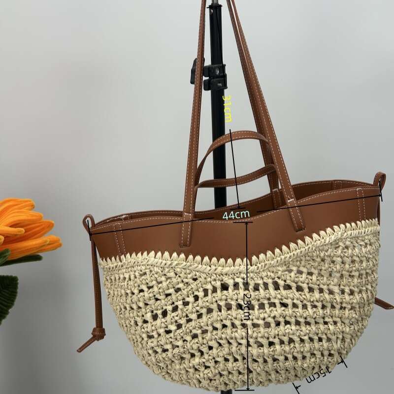 Niche Design Casual Straw Tote For Women New Leather Patchwork Woven Bag Summer Beach Vacation Handbag