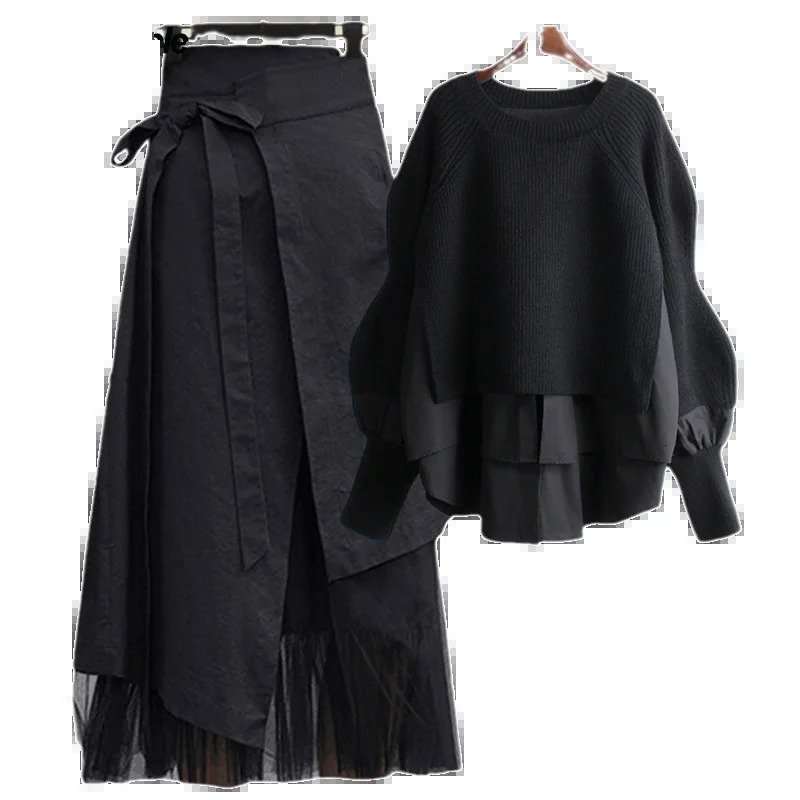 Womens Spring Autumn Fashion Two Piece Knit SweaterStrap A-line Skirt Suit Korean Elegant Pullover Dress Matching Set 260208