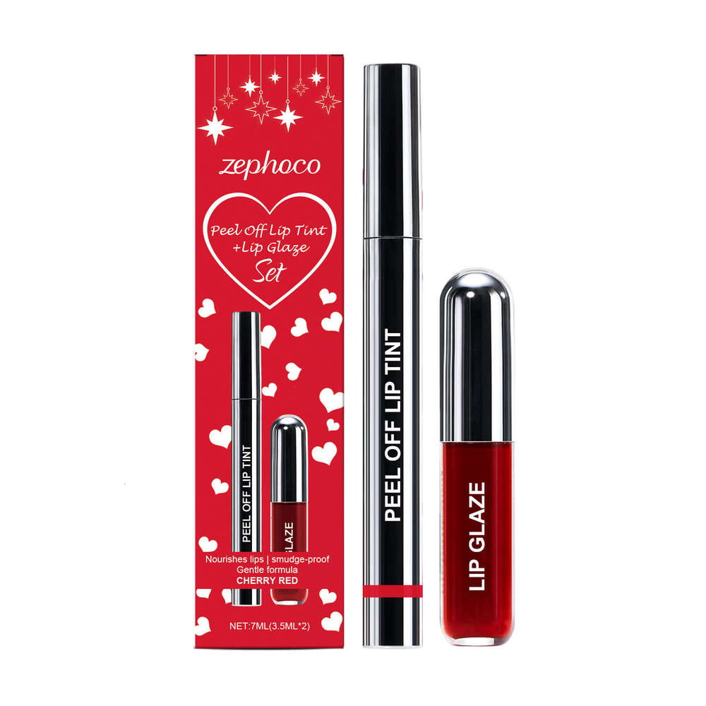 zephoco Cherry Red Peel-Off Liner and Glaze Set Daily Natural Color Moisturizing Lip Makeup