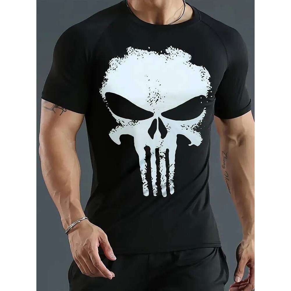 Skull Print Men's Summer Casual Wear Sports Fitness Short-Sleeve T-Shirt Streetwear Fashion Top for Men X260209