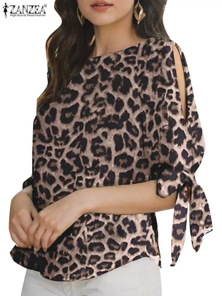 ZANZEA Summer Leopard Printed Blouse Women Elegant Half Sleeve Work Shirt Fashion Lace Up Holiday Tops Bohemian Stylish Blusas 250203