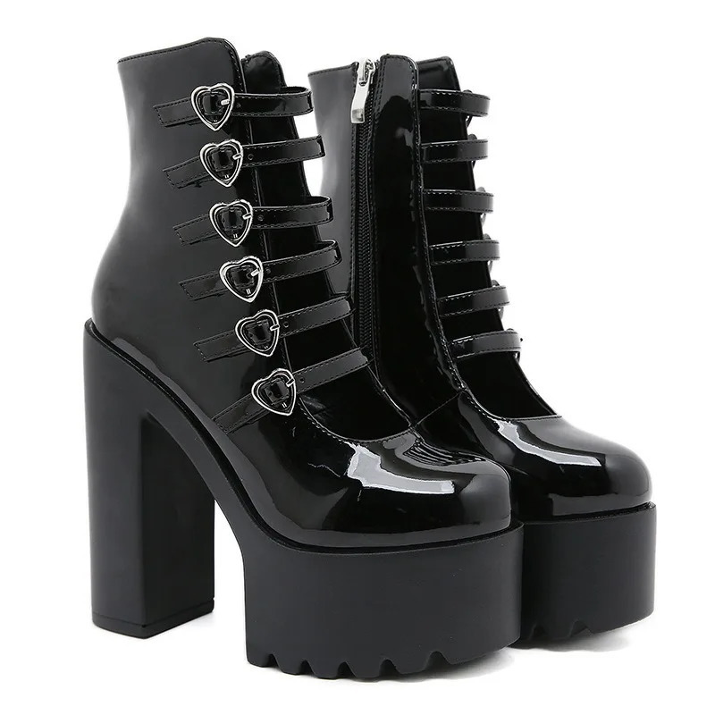 Block Heels Pumps for Women Fashion Buckle Straps Heart n Dress Shoes Side Zipper High Mary Jane Street Style 260208