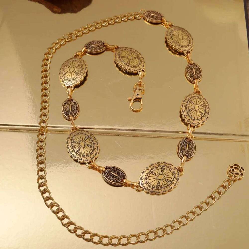 1 Pc Fashion Silver & Gold Hollow Boho Style Chain Belt, Adjustable Vintage Metal Inlay Waist Belt For Women Jewlery Accessories X260209