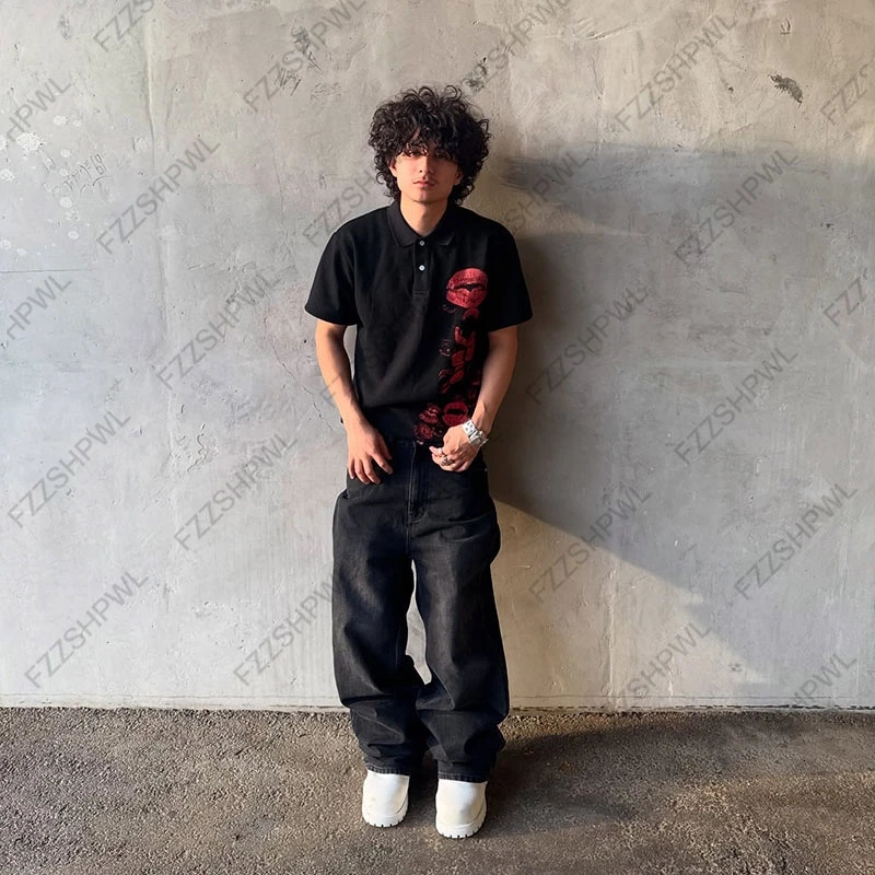 Y2K Polo shirt Harajuku Graphic Print Rock Goth Oversized Short Sleeve T-shirt Hip Hop Button-down collar shirt Punk Casual Tee 260208