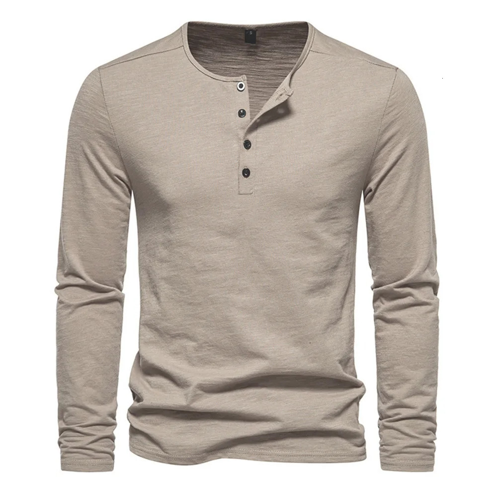 Men Long Sleeved T-shirt Cotton Slim Fit Bottoming Shirt Fitness Tops Tees Button Neck Casual Cozy Tshirt 260207