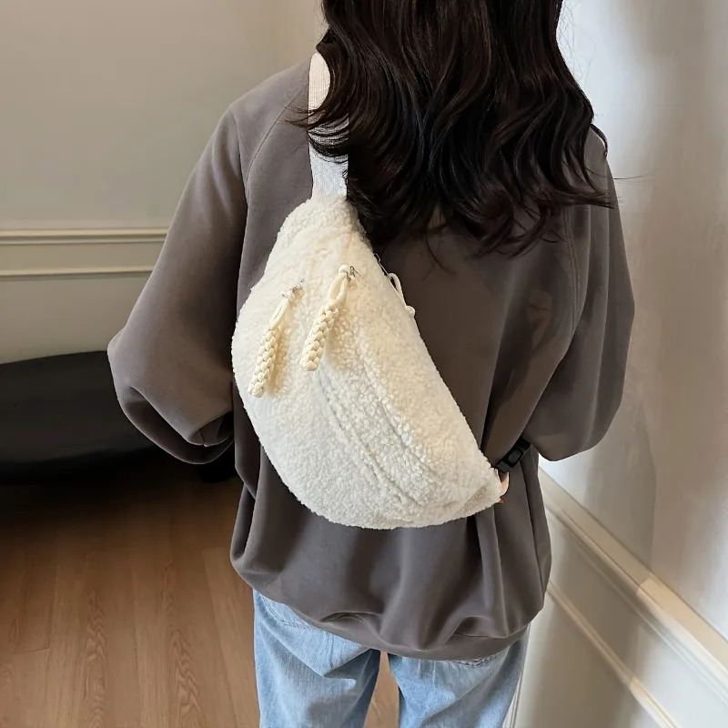 Mens Casual Solid Color Plush Material Chest Bag Fashionable Daily Commuting Waist Crossbody Shoulder 260208
