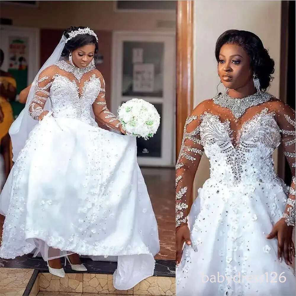 Elegant Long-sleeved Ball Wedding Dress with 3D Flower Crystals, High-neck Rhinestone Embellished Vintage Bridal Gown in Plus Sizes