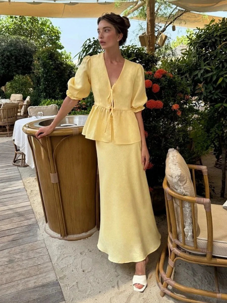 Bornladies 2025 Summer Womens 100 Cotton V-Neck Lace-Up Bubble Sleeve Shirt Long Skirt Set Loose Casual Two-Piece Suit 260120