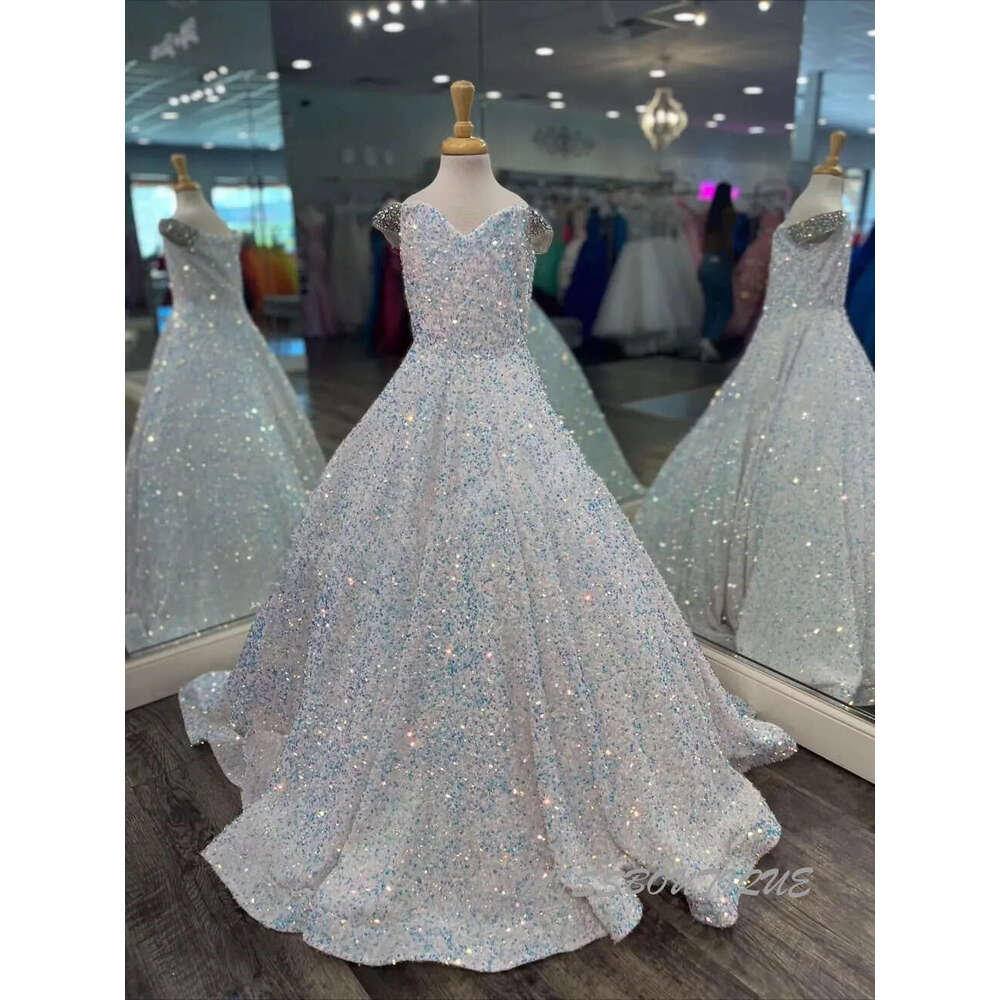 Iridescent Girl Pageant Dress Velvet Sequin Beading Off-Shoulder Little Kid Birthday Formal Party Gown A-Line Toddler Teens Preteen Pink Ivory 0209 Lu