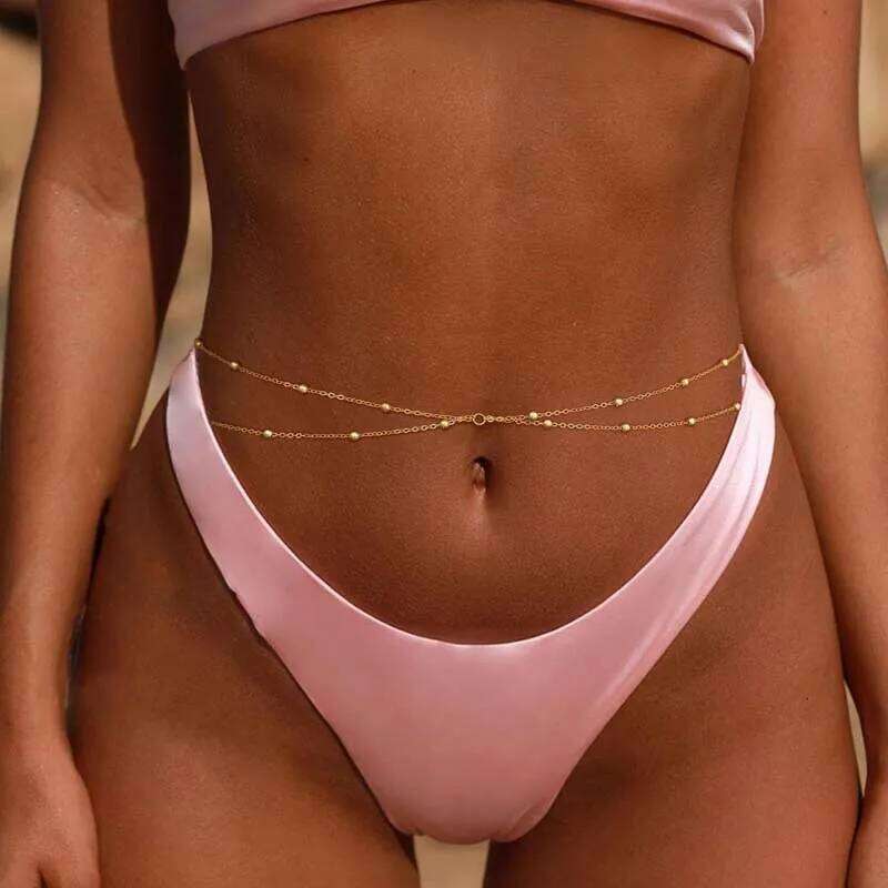 Fashion Double Layer Beaded Waist for Women Simple Gold Color Metal Cross Round Bead Body Chain Bikini Jewelry Acessories X260209