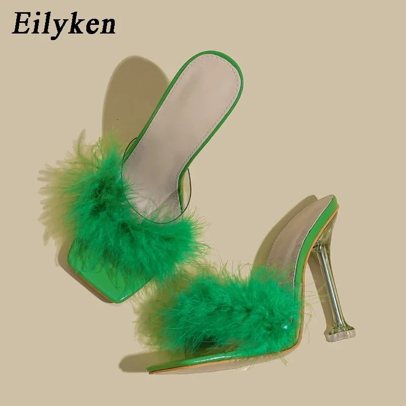 Eilyken Summer n Feather Faux Fur Women Slippers Sexy Square Toe Clear Crystal High Heels Shoes Party Prom Slides Sandals 260208
