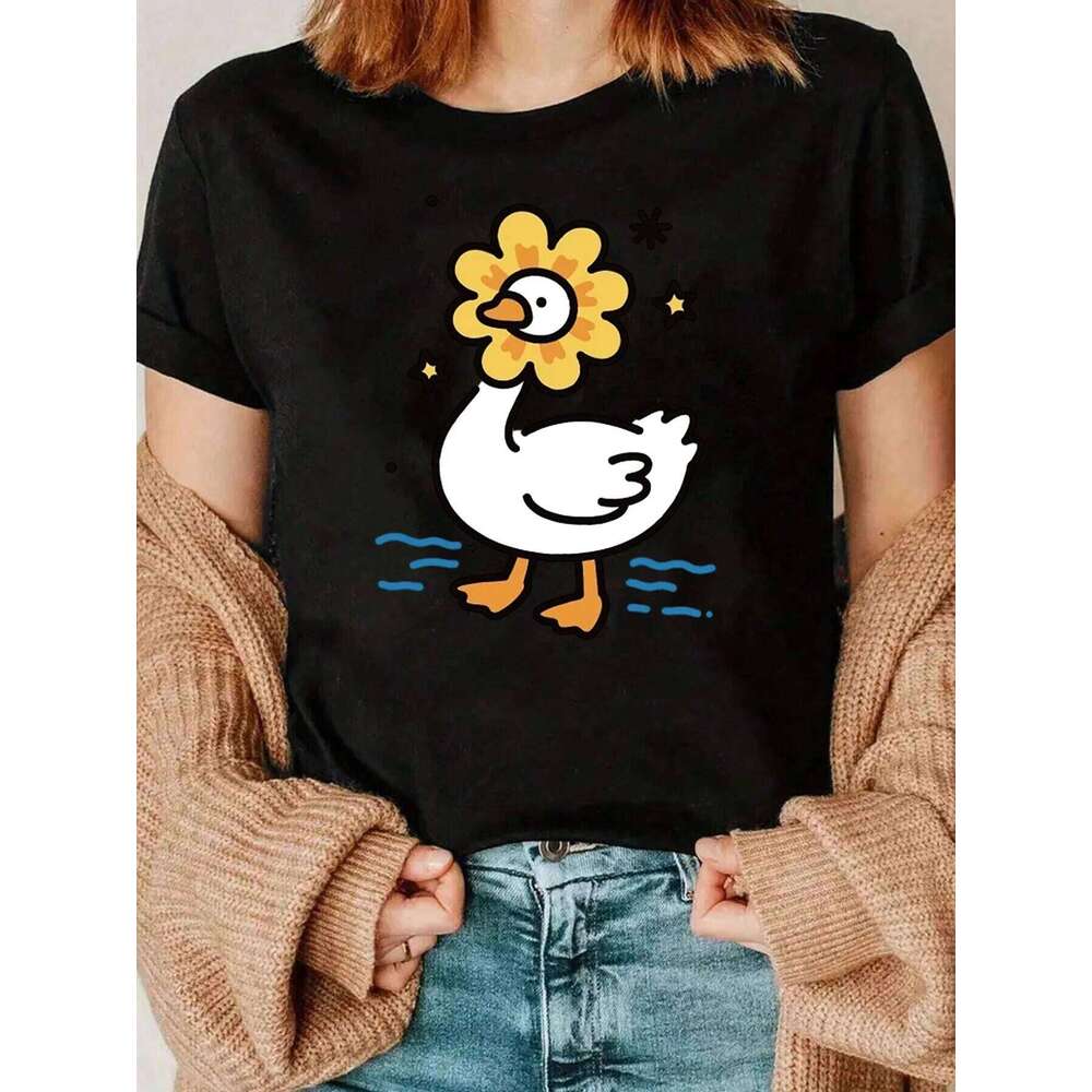 Duck With Flower Print T Shirt Casual Wear For Women 220g X260209