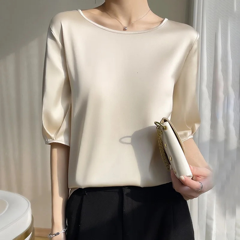 Summer Satin Simple Office Lady Blouse Female Shirt Solid Tops Short Sleeve Casual Korean OL Loose Blouses Women Blusas 260207