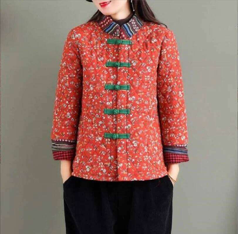 Mardi Hefxessdr Chinese Style Fashion Printing Women Cotton Jacket Winter Keep Warm Coat Ladies Casual Stand up Collar Jackets Size XL