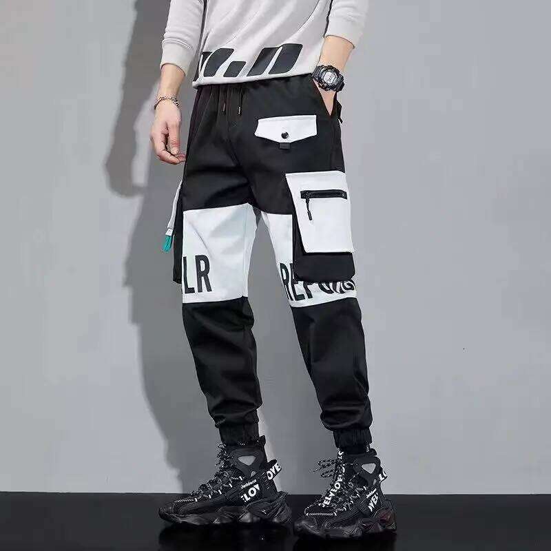 Classic Streetwear Casual Men Ribbons Harem Jogging Male Slim Fit Spring Cargo Pants Multi-Pockets Women Trouser