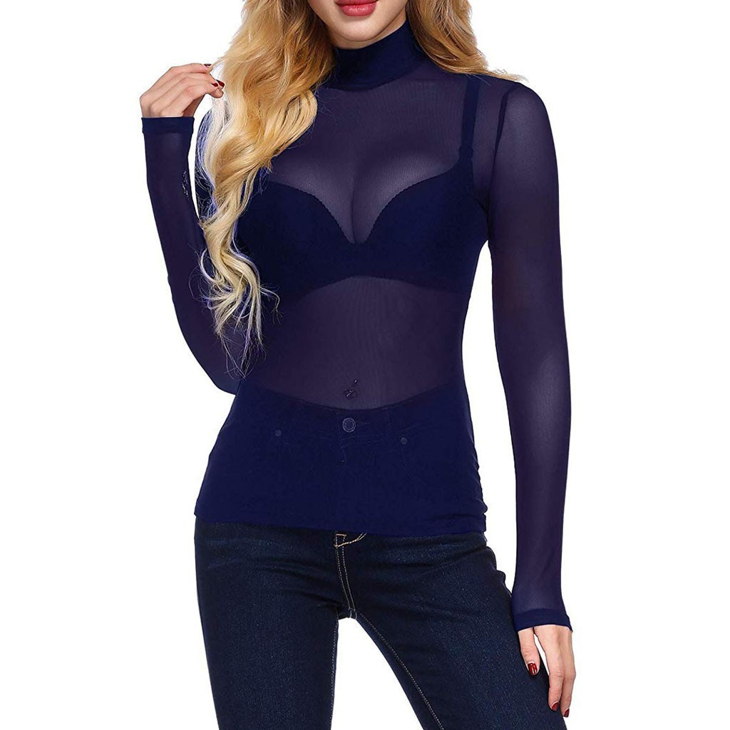 Versatile Womens Base Layer Sexy Ultra-Thin Mesh High Elasticity Tight-Fitting Long-Sleeve Semi-High Collar Base Shirt 240618