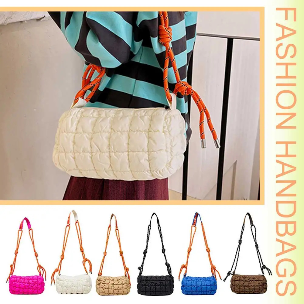 Women Padded Crossbody Bag with Braided Rope Strap Puffer Satchel Zipper Clre Quilted Nylon Daily for Female 260208