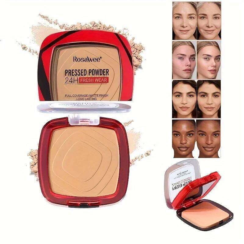 Full Coverage Pressed Foundation With Puff Applicator, 24H Wear Matte Weightless Finishing Powder Makeup 26Li0209