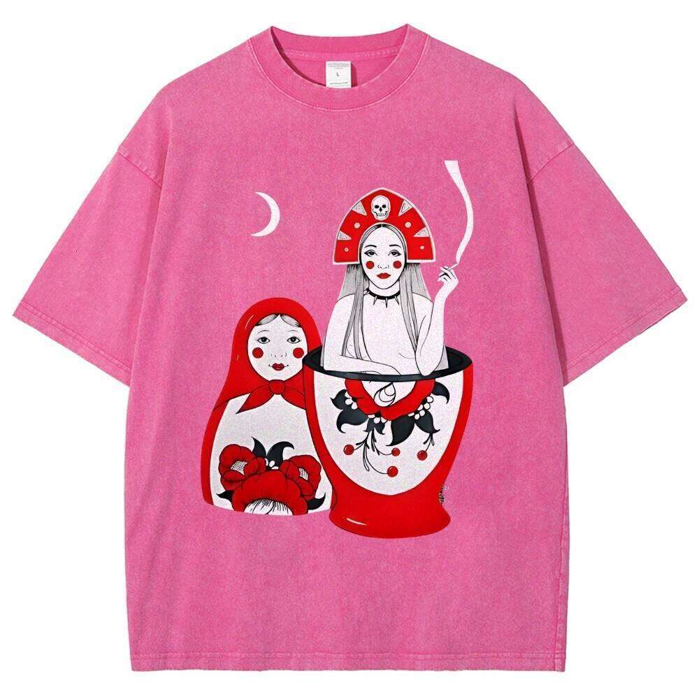 Russian Doll Pattern, Style, Y2k Graphic Tee, Women's Oversized T-Shirt, Cute Hand-Painted Bunny, Korean Style Art, Summer X260209
