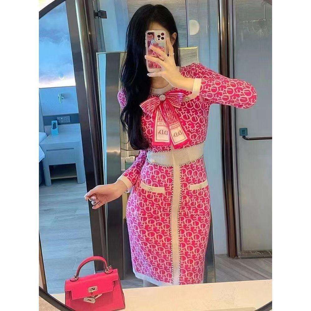 High-End Diamond-Studded Knitted Autumn Winter New Socialite Elegant Slimming French Letter Sweater Dress